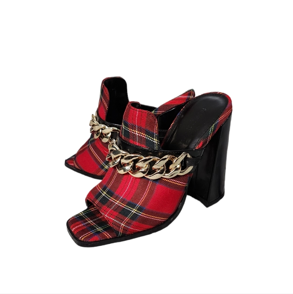 Red Plaid Mule Heels